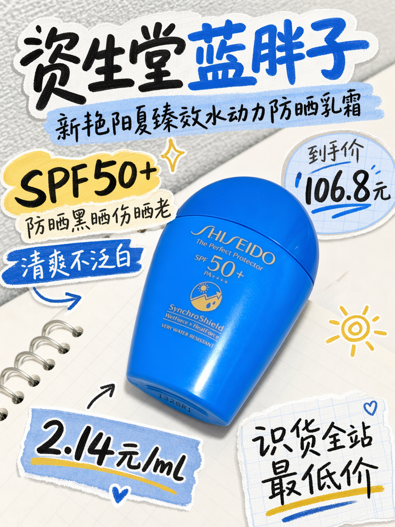 资生堂蓝胖子跳水106.8!遇水防晒更强,户外暴晒都不怕!